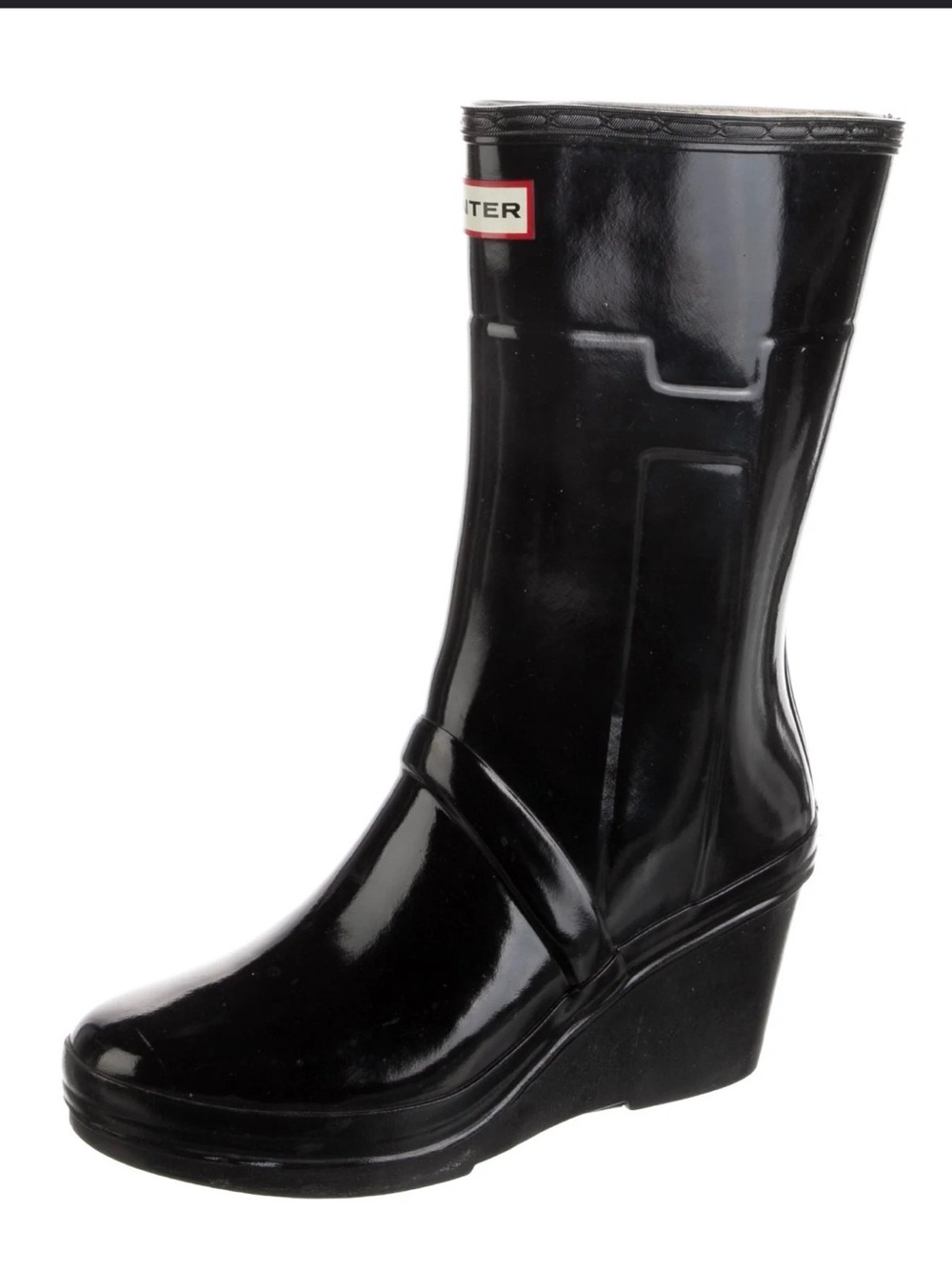 Hunter Kellan Black Gloss Platform Wedge Rain Boots Womens 9 Waterproof Mid Calf